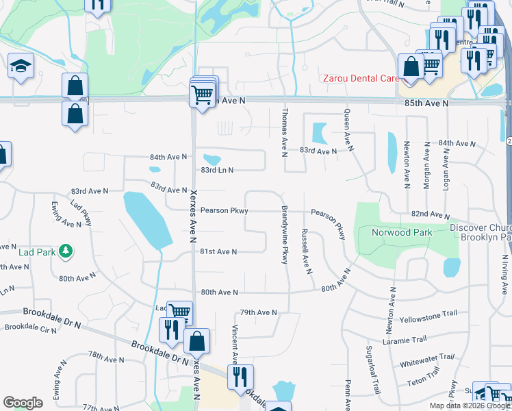 map of restaurants, bars, coffee shops, grocery stores, and more near 8130 Vincent Avenue North in Minneapolis