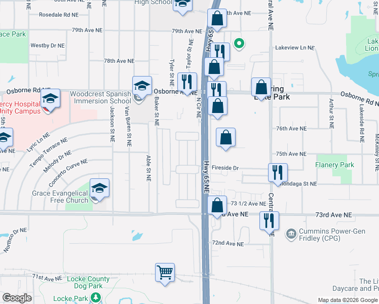 map of restaurants, bars, coffee shops, grocery stores, and more near 7400 Taylor Street Northeast in Fridley