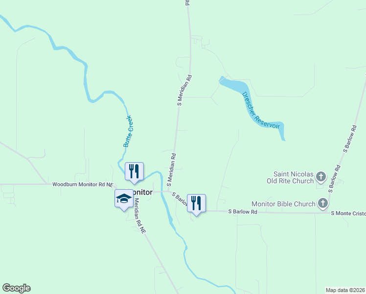 map of restaurants, bars, coffee shops, grocery stores, and more near 34712 South Meridian Road in Woodburn