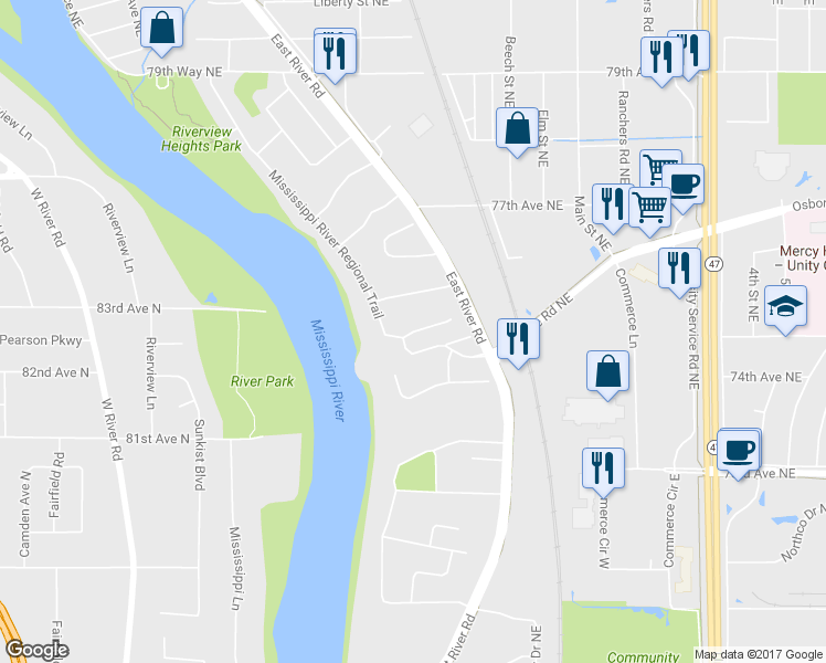 map of restaurants, bars, coffee shops, grocery stores, and more near 101 76th Way in Fridley