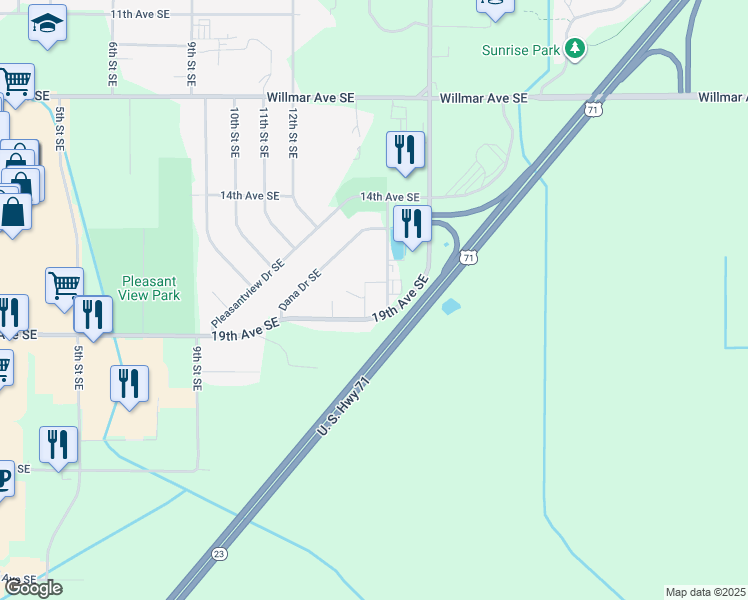map of restaurants, bars, coffee shops, grocery stores, and more near 1401 19th Avenue Southeast in Willmar