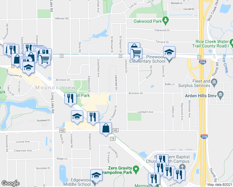 map of restaurants, bars, coffee shops, grocery stores, and more near 5550 Saint Stephens Street in Mounds View