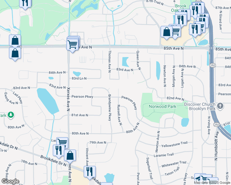 map of restaurants, bars, coffee shops, grocery stores, and more near 8220 Brandywine Parkway in Minneapolis
