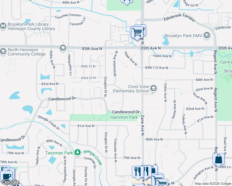map of restaurants, bars, coffee shops, grocery stores, and more near 8242 Douglas Circle North in Brooklyn Park