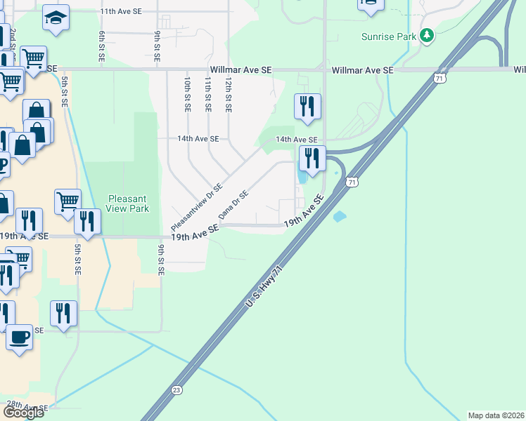 map of restaurants, bars, coffee shops, grocery stores, and more near 1208 Dana Drive Southeast in Willmar