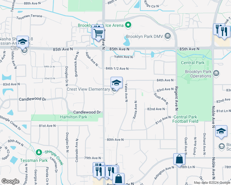map of restaurants, bars, coffee shops, grocery stores, and more near 8200 Zane Avenue North in Minneapolis