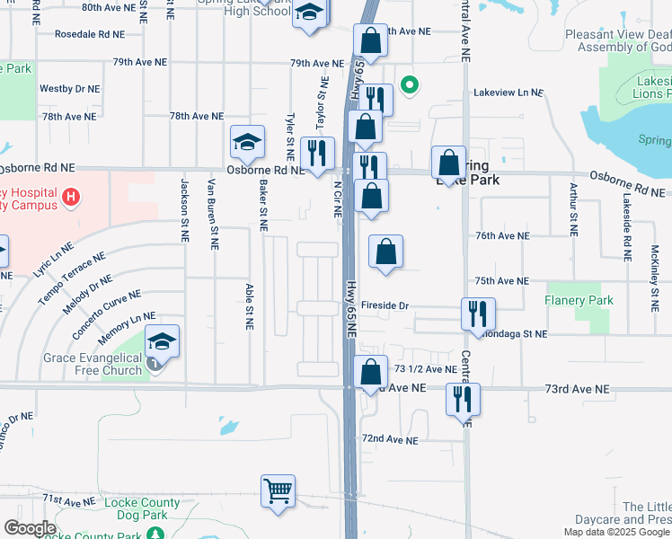 map of restaurants, bars, coffee shops, grocery stores, and more near 1076-1098 North Cir NE in Fridley