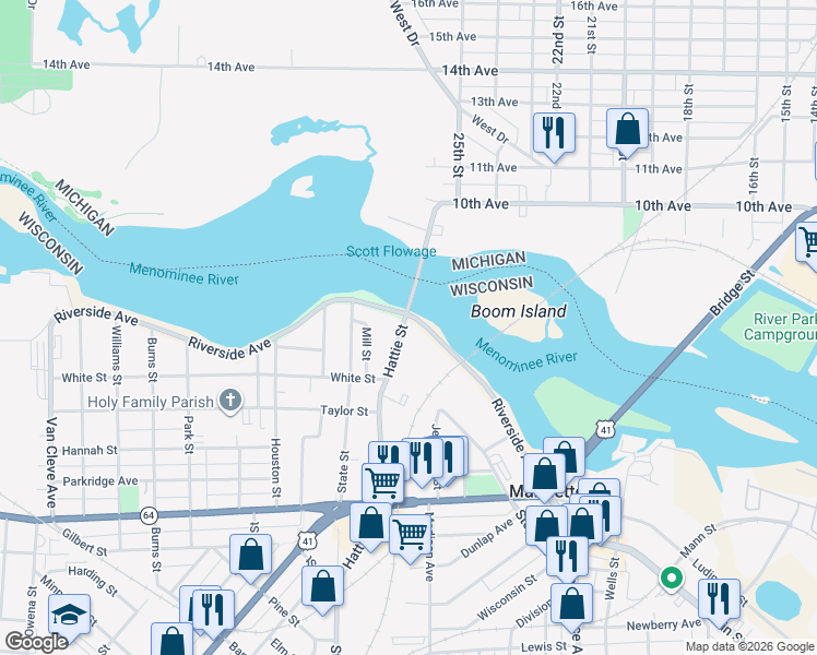map of restaurants, bars, coffee shops, grocery stores, and more near 2157 Riverside Avenue in Marinette