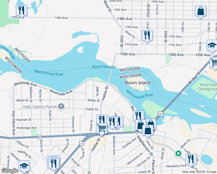 map of restaurants, bars, coffee shops, grocery stores, and more near 2157 Riverside Avenue in Marinette
