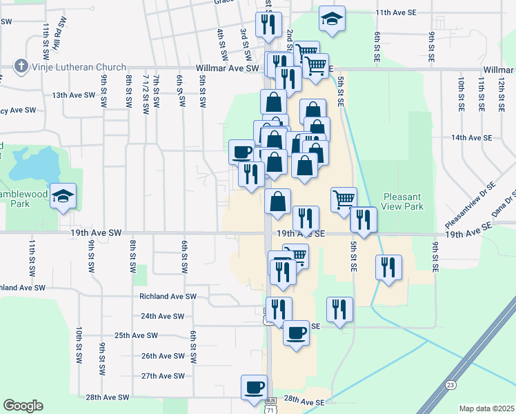 map of restaurants, bars, coffee shops, grocery stores, and more near 1700 1st Street South in Willmar