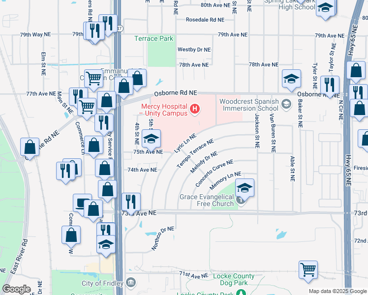 map of restaurants, bars, coffee shops, grocery stores, and more near 7501 Lyric Lane Northeast in Fridley