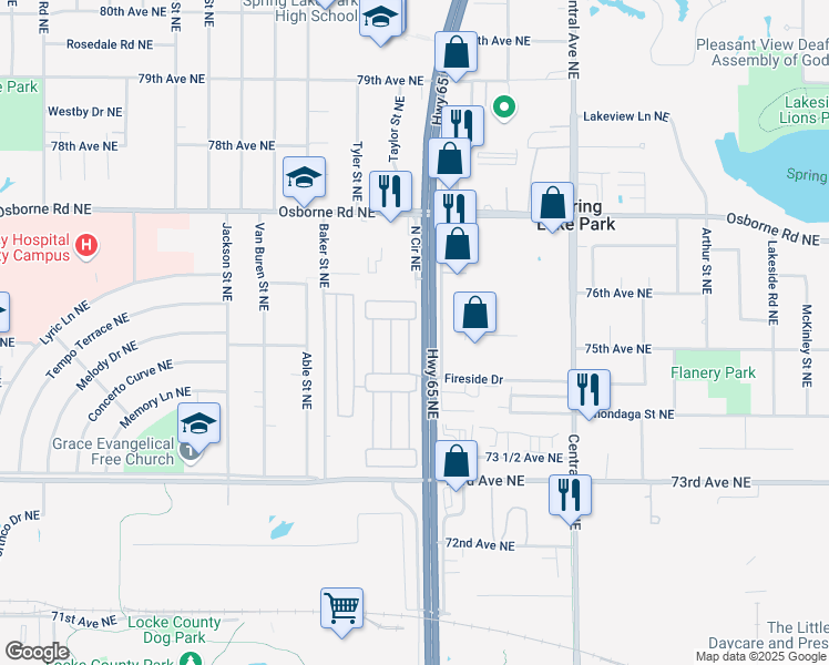 map of restaurants, bars, coffee shops, grocery stores, and more near 1076-1098 North Cir NE in Fridley
