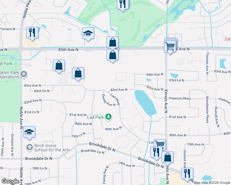 map of restaurants, bars, coffee shops, grocery stores, and more near 3624 83rd Avenue North in Minneapolis