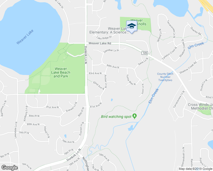 map of restaurants, bars, coffee shops, grocery stores, and more near 8201 Archer Lane North in Maple Grove