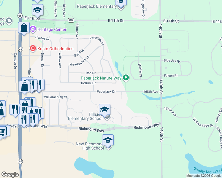 map of restaurants, bars, coffee shops, grocery stores, and more near 910 Derrick Drive in New Richmond