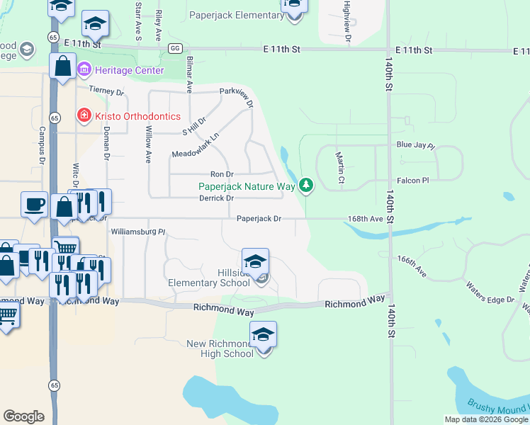 map of restaurants, bars, coffee shops, grocery stores, and more near 910 Derrick Drive in New Richmond