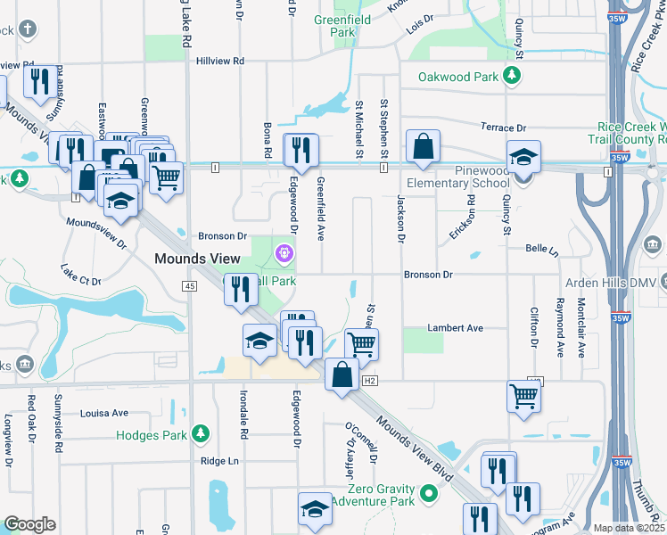 map of restaurants, bars, coffee shops, grocery stores, and more near 7530 Greenfield Avenue in Mounds View