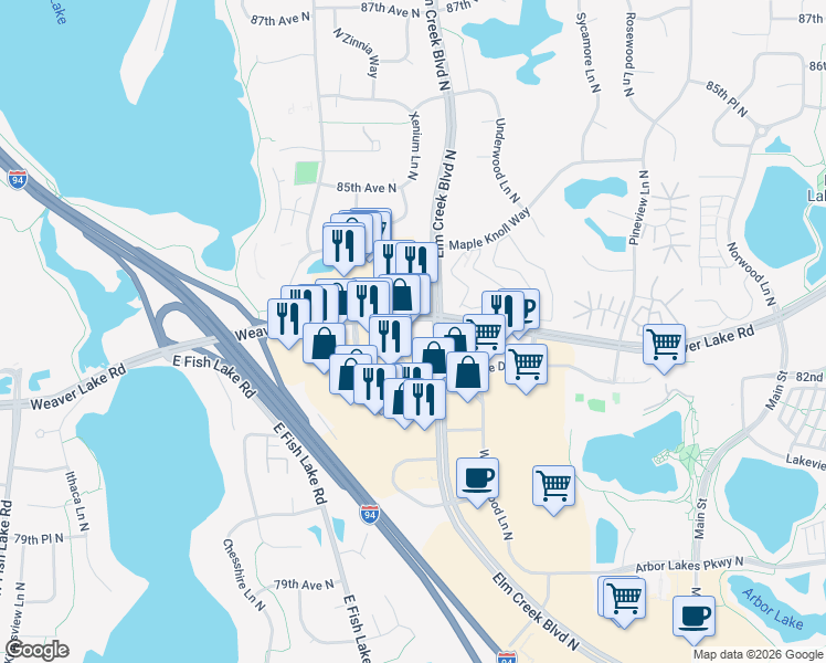 map of restaurants, bars, coffee shops, grocery stores, and more near 13610 Grove Drive in Maple Grove