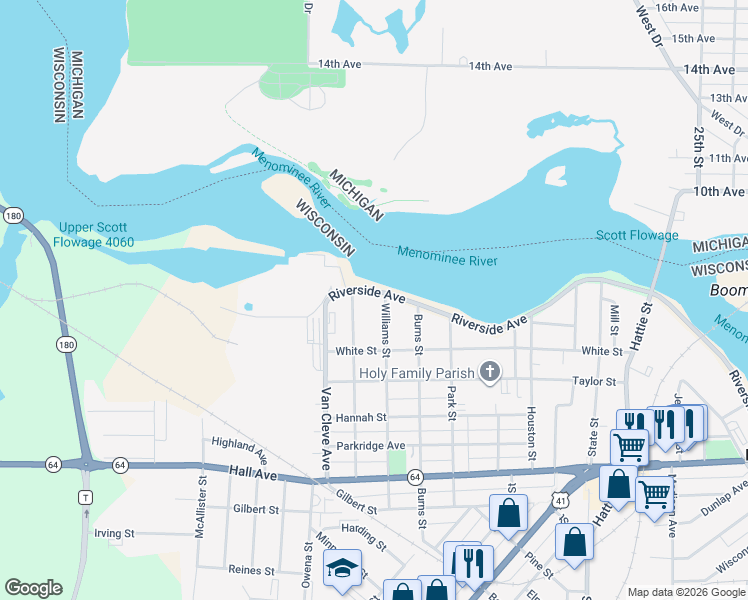 map of restaurants, bars, coffee shops, grocery stores, and more near 3009 Riverside Avenue in Marinette