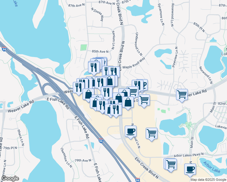 map of restaurants, bars, coffee shops, grocery stores, and more near 13570 Grove Drive in Maple Grove