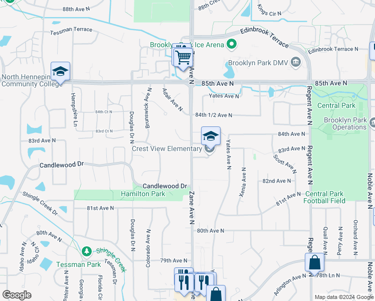 map of restaurants, bars, coffee shops, grocery stores, and more near 8217 Zane Court North in Minneapolis