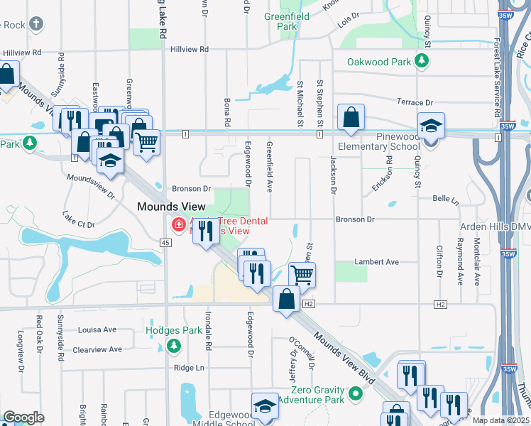 map of restaurants, bars, coffee shops, grocery stores, and more near 7504 Greenfield Avenue in Mounds View