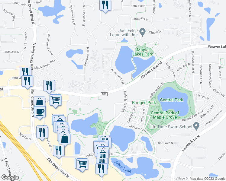 map of restaurants, bars, coffee shops, grocery stores, and more near 12398 Weaver Lake Road in Maple Grove