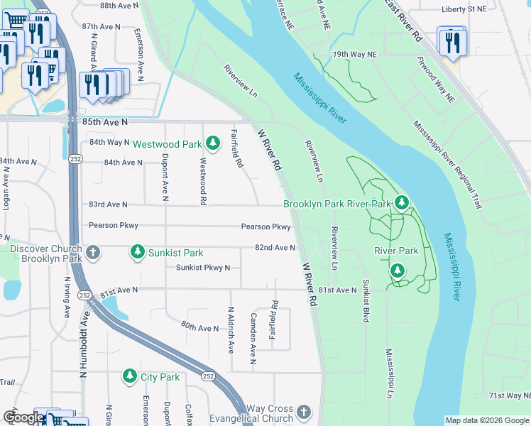 map of restaurants, bars, coffee shops, grocery stores, and more near 601 83rd Avenue North in Minneapolis
