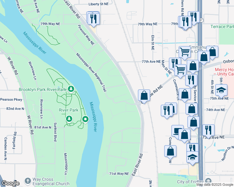 map of restaurants, bars, coffee shops, grocery stores, and more near 133 76th Way in Fridley