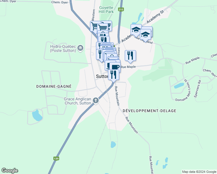 map of restaurants, bars, coffee shops, grocery stores, and more near 35 Rue Principale Sud Street in Sutton