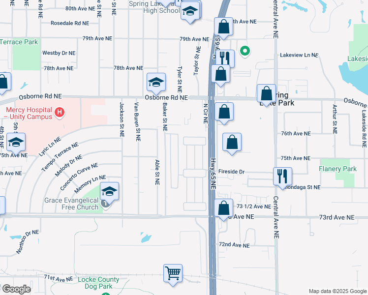 map of restaurants, bars, coffee shops, grocery stores, and more near 1000-1074 North Cir Northeast in Fridley