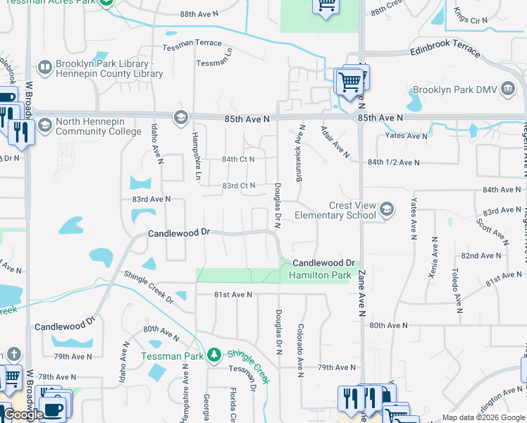 map of restaurants, bars, coffee shops, grocery stores, and more near 6332 82nd Place North in Minneapolis