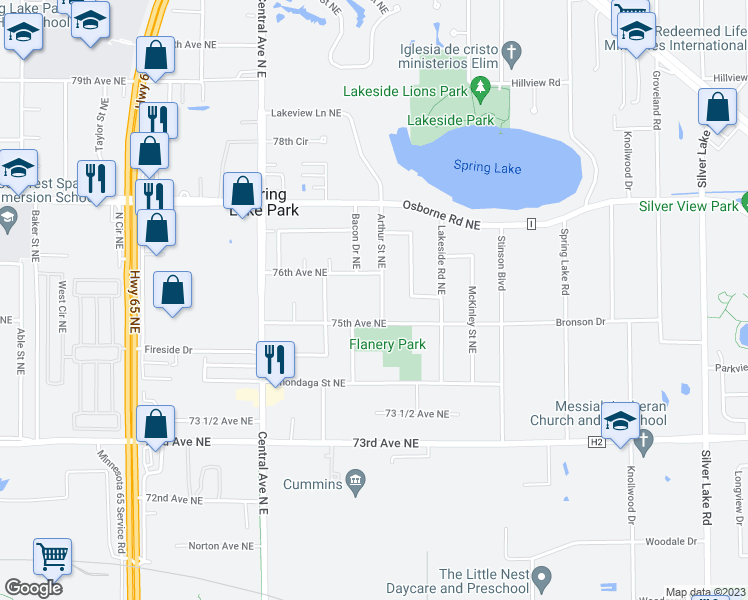 map of restaurants, bars, coffee shops, grocery stores, and more near 1444 76th Avenue in Fridley