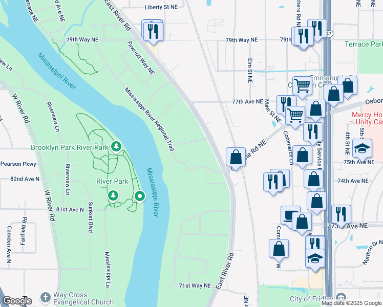 map of restaurants, bars, coffee shops, grocery stores, and more near 133 76th Way in Fridley
