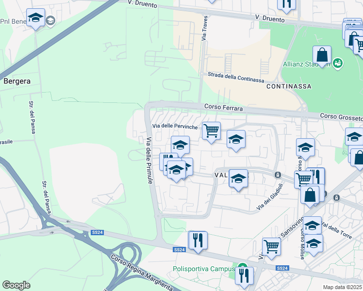 map of restaurants, bars, coffee shops, grocery stores, and more near 30 Viale dei Mughetti in Torino