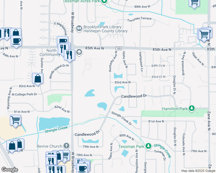map of restaurants, bars, coffee shops, grocery stores, and more near 8265 Kentucky Avenue North in Minneapolis