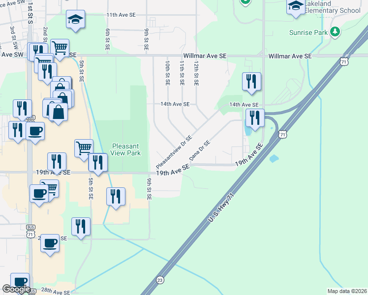 map of restaurants, bars, coffee shops, grocery stores, and more near 904 Pleasantview Drive Southeast in Willmar