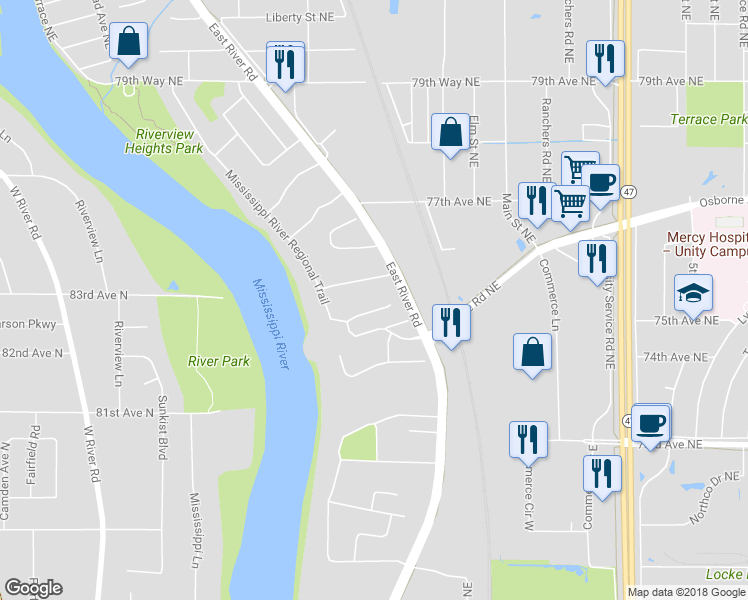 map of restaurants, bars, coffee shops, grocery stores, and more near 133 76th Way in Fridley
