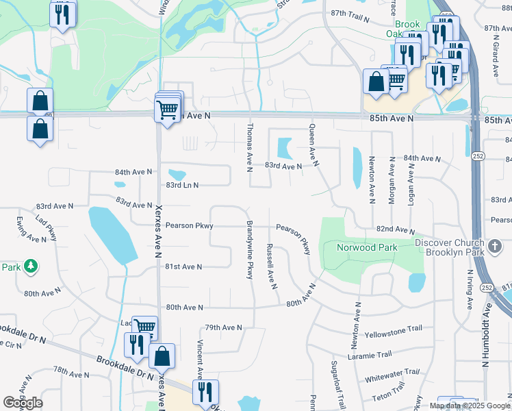 map of restaurants, bars, coffee shops, grocery stores, and more near 8220 Brandywine Parkway in Minneapolis