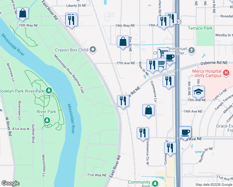 map of restaurants, bars, coffee shops, grocery stores, and more near 7501 East River Road in Fridley