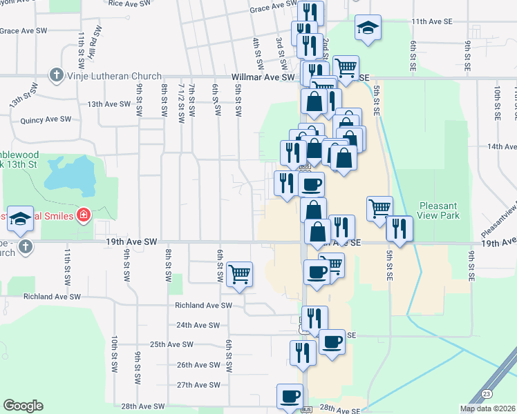map of restaurants, bars, coffee shops, grocery stores, and more near 1700 5th Street Southwest in Willmar
