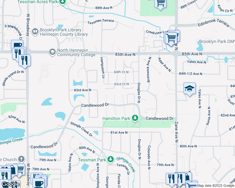 map of restaurants, bars, coffee shops, grocery stores, and more near 8232 Georgia Court North in Minneapolis