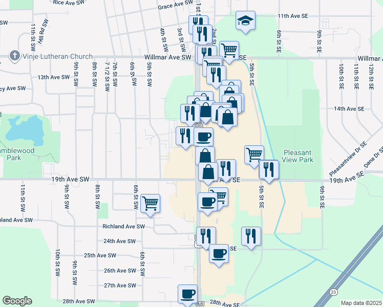 map of restaurants, bars, coffee shops, grocery stores, and more near 1700 1st Street South in Willmar