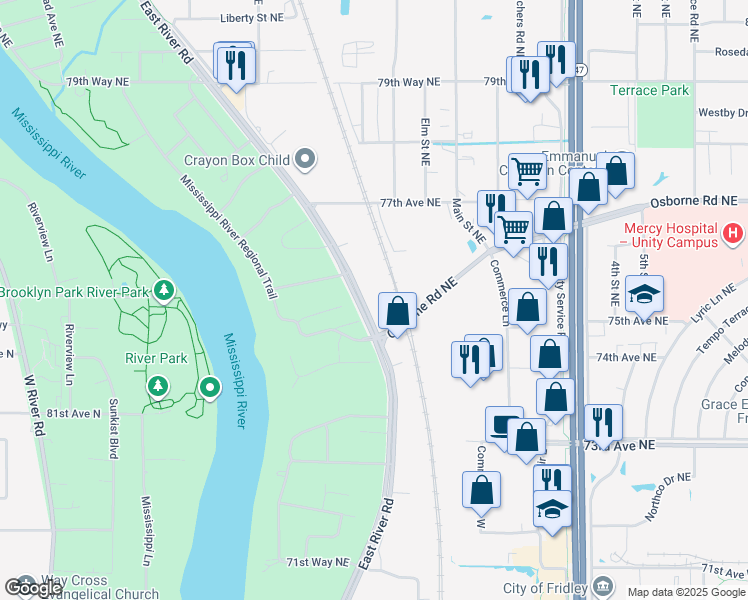 map of restaurants, bars, coffee shops, grocery stores, and more near 7505 East River Road in Fridley