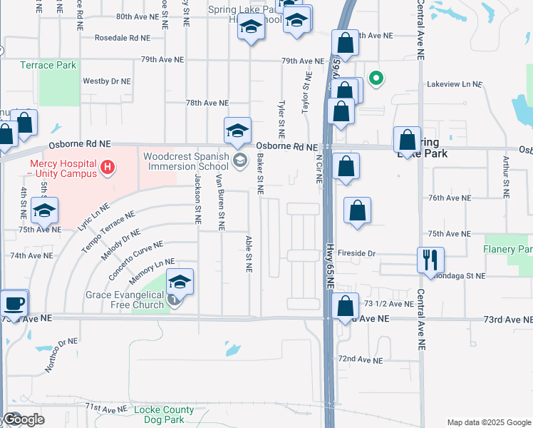 map of restaurants, bars, coffee shops, grocery stores, and more near 7302 West Circle Northeast in Minneapolis