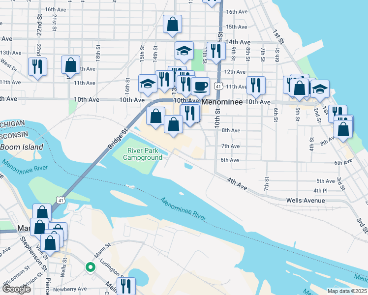 map of restaurants, bars, coffee shops, grocery stores, and more near 1101 7th Avenue in Menominee