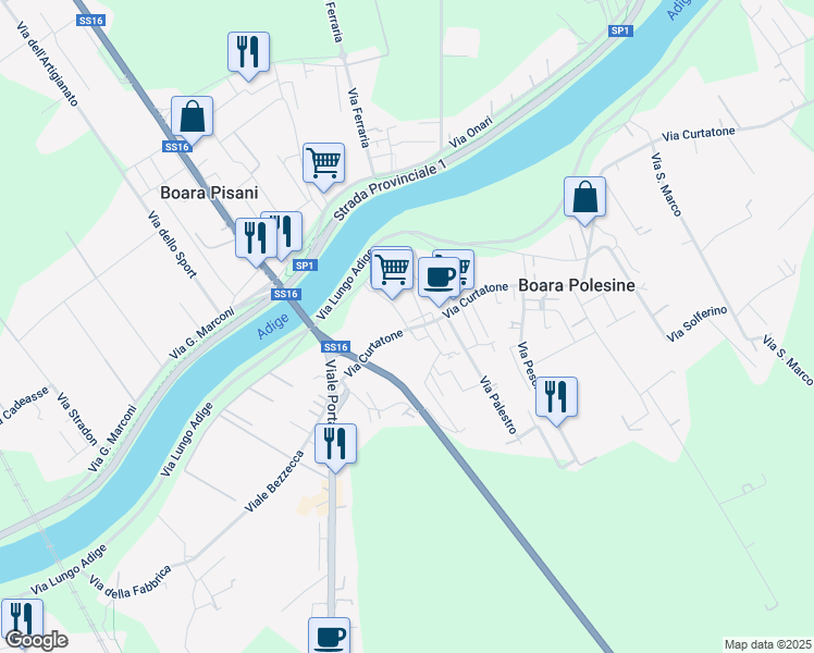 map of restaurants, bars, coffee shops, grocery stores, and more near 27 Via Montebello in Boara Polesine