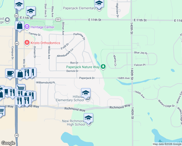 map of restaurants, bars, coffee shops, grocery stores, and more near 910 Derrick Dr in New Richmond