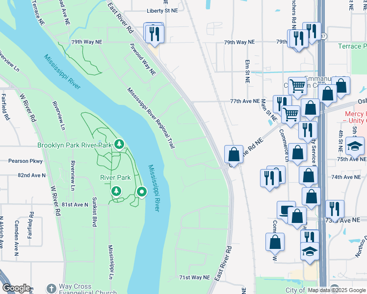map of restaurants, bars, coffee shops, grocery stores, and more near 150 Rickard Road Northeast in Fridley