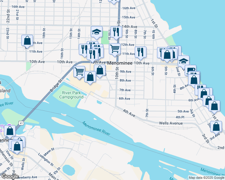 map of restaurants, bars, coffee shops, grocery stores, and more near 1101 7th Avenue in Menominee